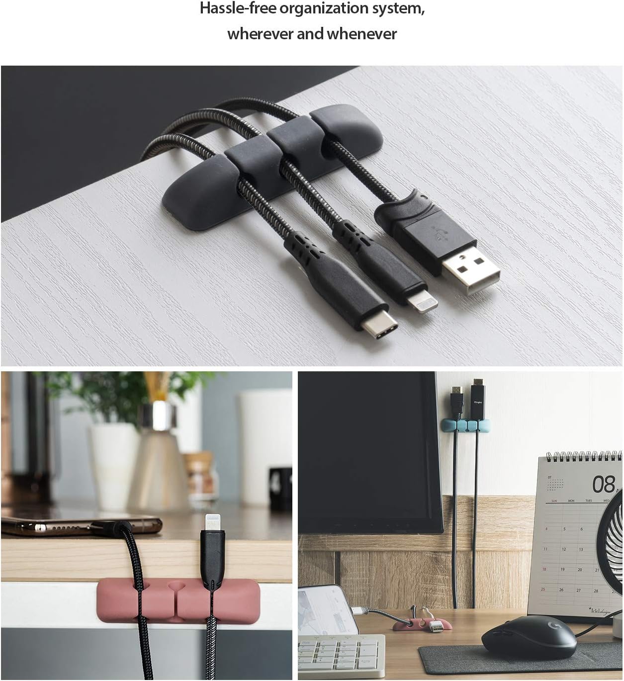 Ringke Silicone Cable Organizer for Cable Management, Durable Flexible Cord Organizer, Powerful Adhesive Cable Clips - 4 Pack