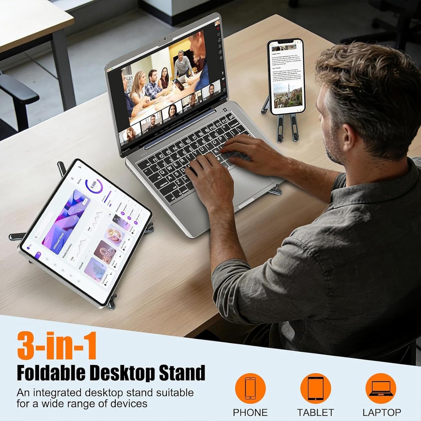 Laptop Stand for Desk, Adjustable Aluminum Alloy Magnetic Foldable Phone Stand, 8 Level Height Adjustable Laptop Stand, 3 in 1 Computer Riser for Phone, Tablet and Laptop