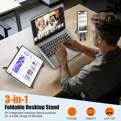 Laptop Stand for Desk, Adjustable Aluminum Alloy Magnetic Foldable Phone Stand, 8 Level Height Adjustable Laptop Stand, 3 in 1 Computer Riser for Phone, Tablet and Laptop