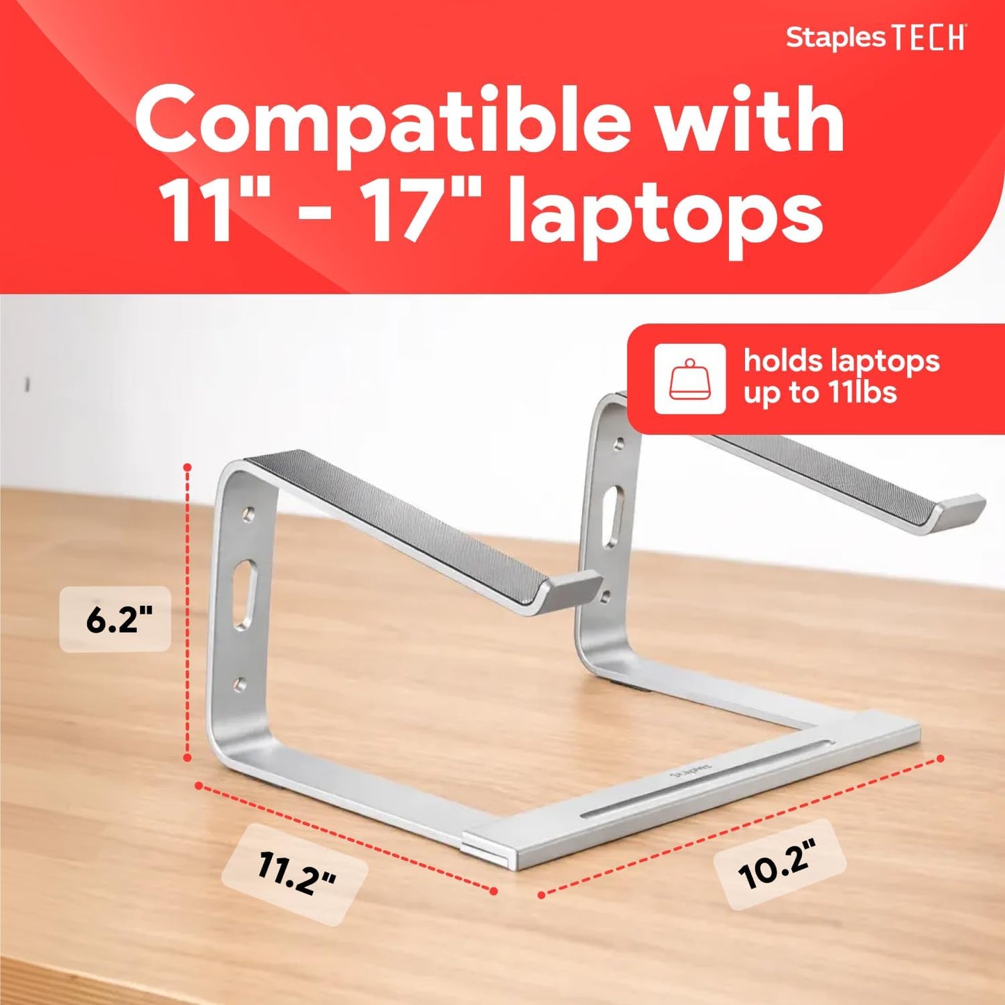 Staples TECH Adjustable Aluminum Laptop Stand – Fits 11"–17" Laptops, Ergonomic Eye‑Level Riser with Ventilated Cooling & Anti‑Slip Base, Silver