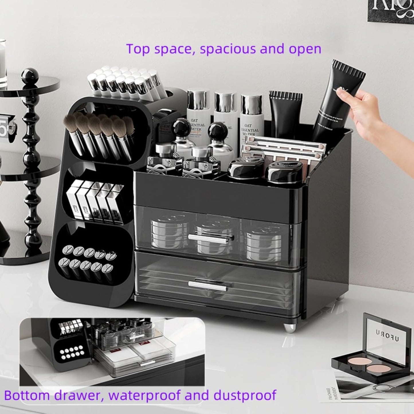 Booklov Makeup Organizer for Vanity, Countertop Cosmetic Display Case with Clear Acrylic Drawers, Bathroom Counter Beauty Caddy, Cute Table Storage Holder for Skincare, Brush Lipsticks, Crystal White
