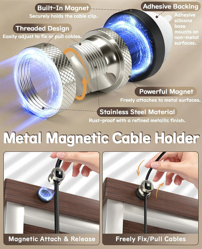 Maveek Metal Magnetic Cord Holder, Magnet Cable Clips Stainless Steel Adjustable Cord Organizers for Desk Nightstand Car Office Charging Wires USB C Laptop Earphone Audio Cords (4 Pack)
