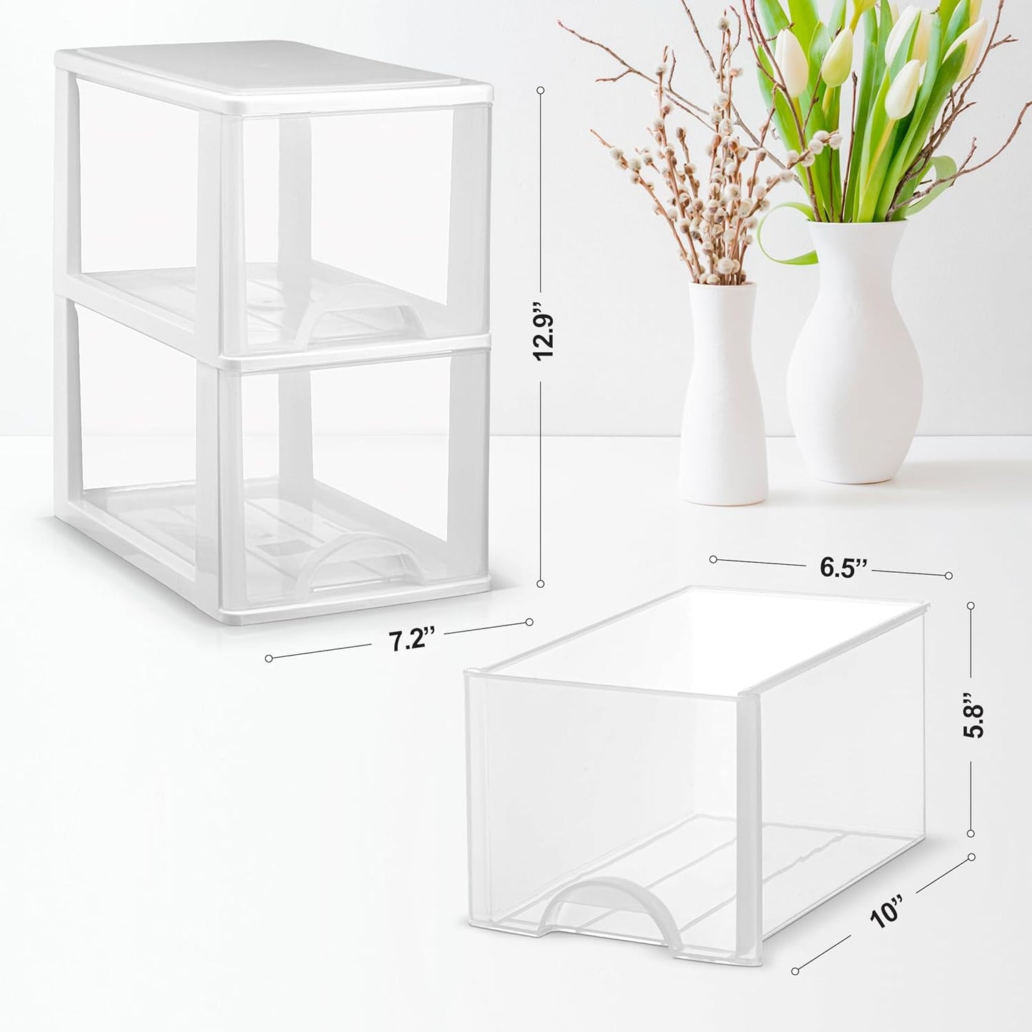 Plastic Small 2-Drawer Storage Organizer, Slim Narrow, White/Clear Crafts Drawers Storage Organizer (13"H x 10"D x 7"W)