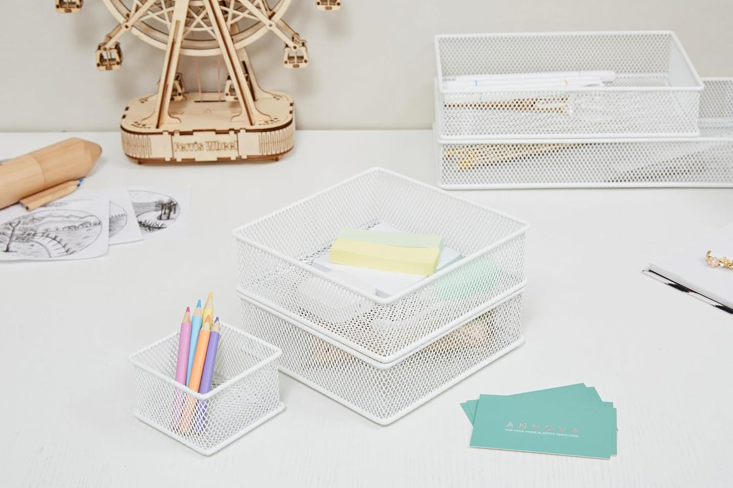 Annova Stackable Mesh Drawer Cabinet and Shelf Organizer Bins Storage Basket School Office Supply Holder Tray- Set of 2 (Gold, 3x3x2 Inch)