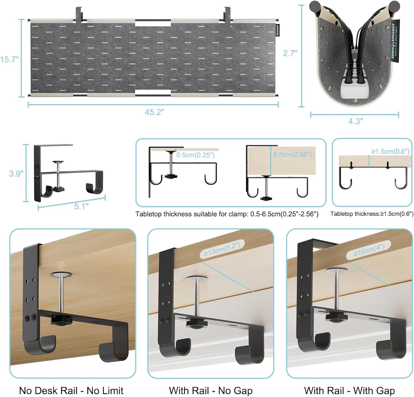 2-in-1 Under Desk Cable Management Tray & Privacy Panel, Dual-Sided Thick Felt Cord Organizer with 20 Cable Ties,Heavy Duty Steel Frame Support, No-Drill Clamp Mount,Large Capacity (Khaki/Gray, 45.2")