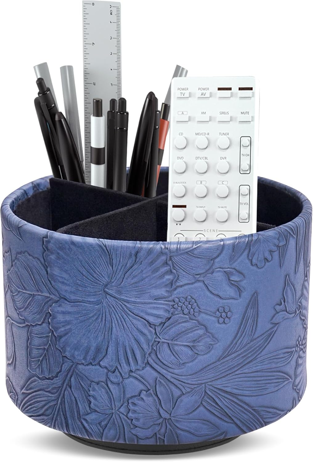 Hennaja Round Leather Art Supply Organizer,Remote Control Holder,360 Degree Rotating,Multi-Functional Pencil Holder,4 Compartments Desktop Stationary Organizer(1-Blue Bird) - Colors B