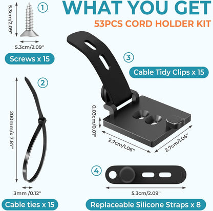 Kanemc Cable Clips Management Kit, 15 Cable Holder With Silicone Cord Ties, 15 Nylon Zip Tie, Extra 15 Screws & 8 Adjustable Cable Straps For Workspace Organizers PV Computer TV Under Desk Wire Setup