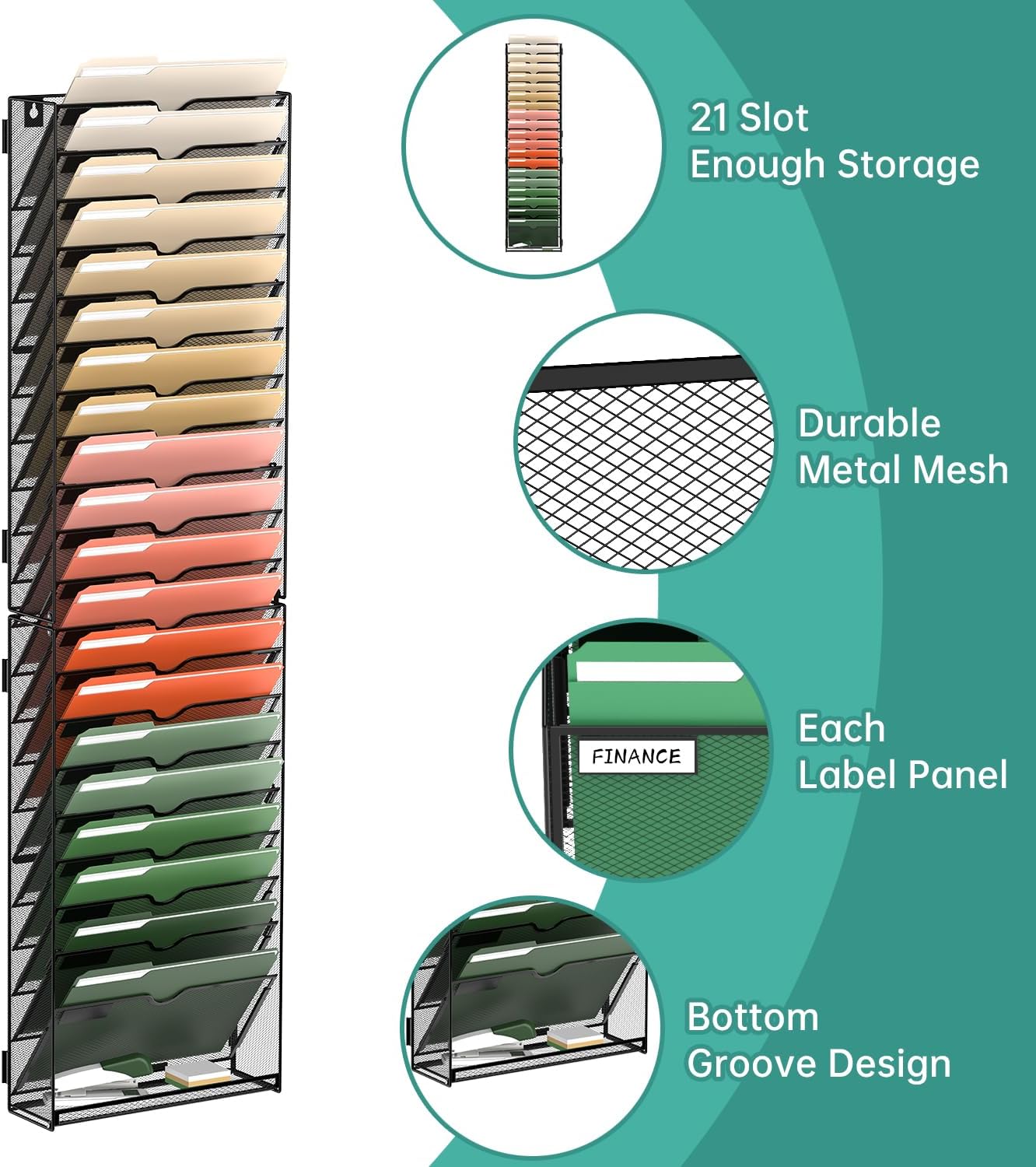 SUPEASY 5 Tier Wall File Organizer, Hanging Wall Mounted Mail Organizer with Label Slots, Metal Mesh File Holder Magazine Rack for Office, Home, School or Classroom, Black