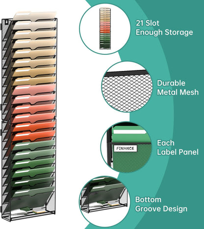 SUPEASY 5 Tier Wall File Organizer, Hanging Wall Mounted Mail Organizer with Label Slots, Metal Mesh File Holder Magazine Rack for Office, Home, School or Classroom, Black