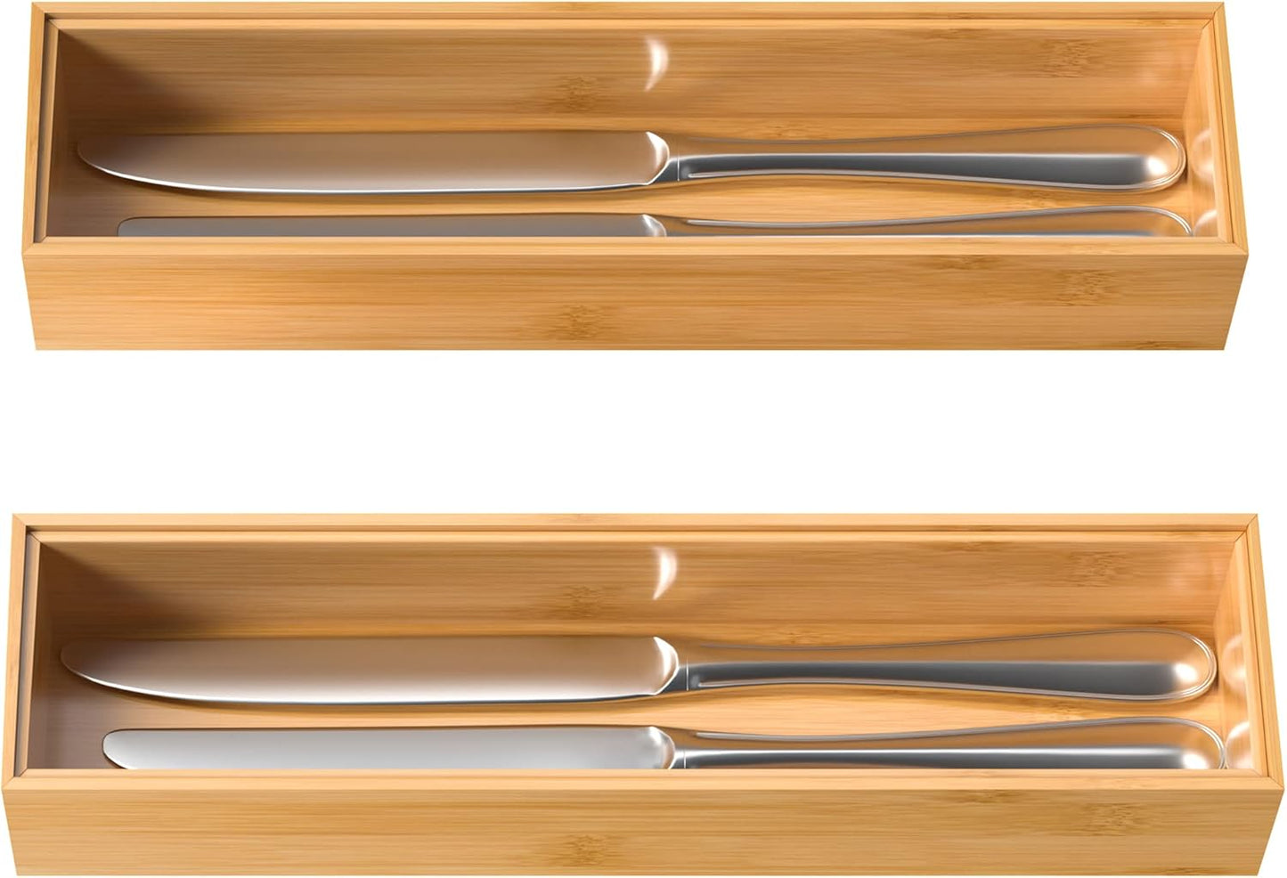 VeyFey Bamboo Drawer Organizer, Stackable Utensil Organizer for Kitchen, Bamboo Storage Box Wood Silverware Tray for Drawer 15" x 6" x 2" Set of 2
