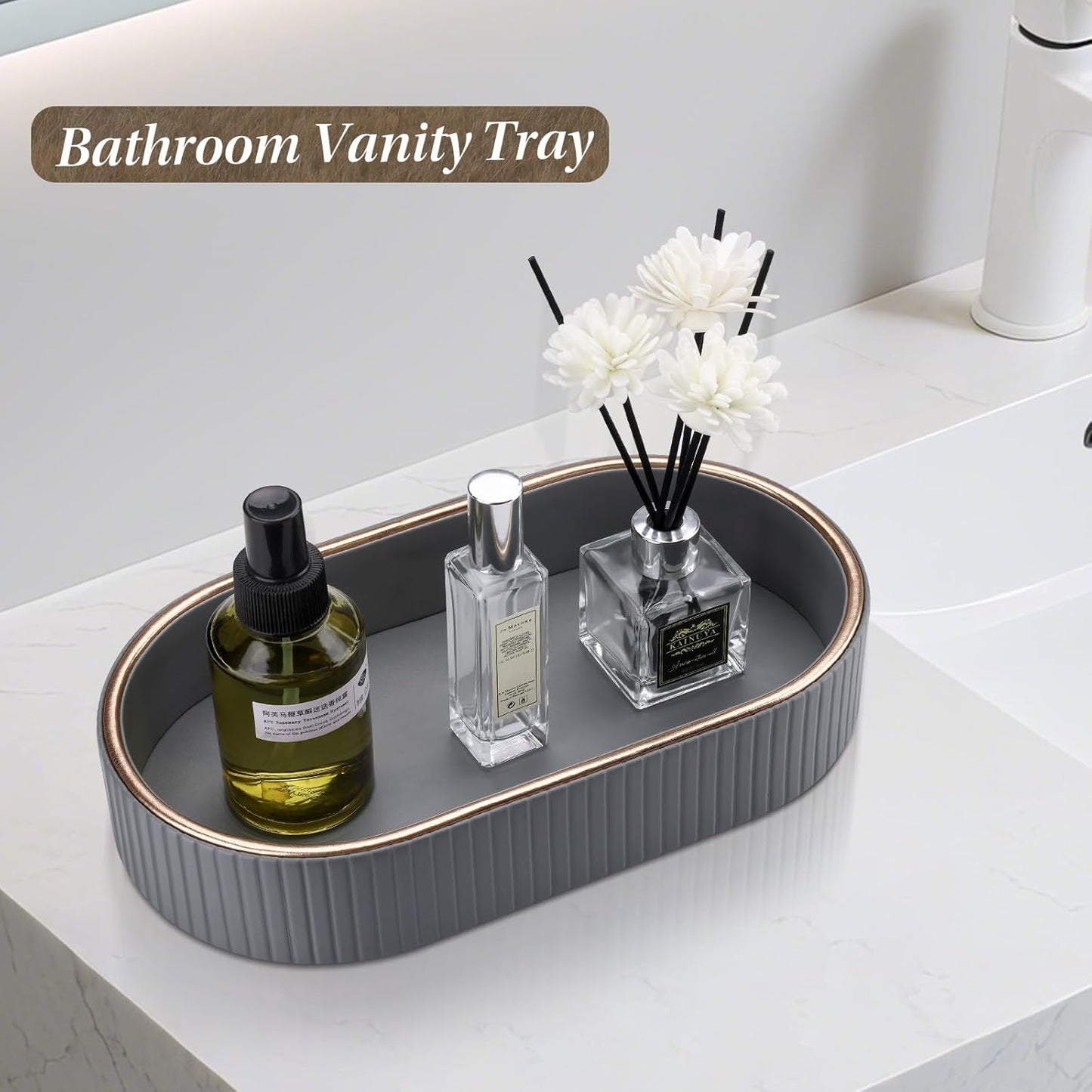 GORESE PU Leather Perfume Tray Nightstand Organizer, Small Oval Desk Tray Jewelry Trinket Trays Valet Organizer Key Bowl for Entryway Dresser Bathroom, Catchall Trays for Men Women, 11×5.9 in, Beige