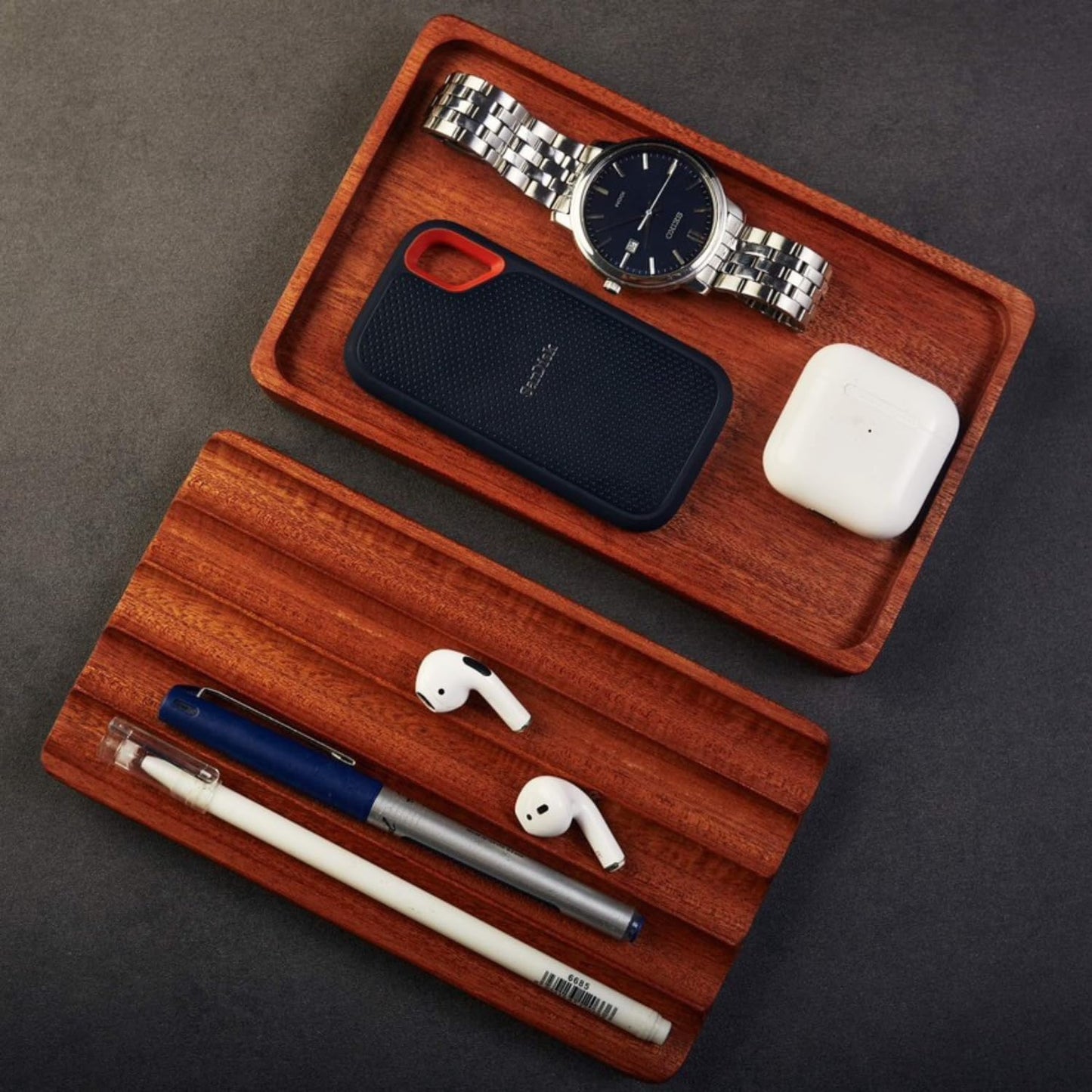 Set of 2 Wooden Trays – Pen Tray, Valet Tray, Desk Organizer, Fountain Pen Holder, EDC Tray for Phone, Jewelry, Cologne & Keys.