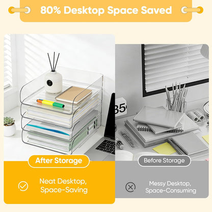 HIYOHIYO Office Acrylic Clear A4 Paper Organizer for Desk, Stackable Office Desk Paper Organizer, Large Capacity Desktop Papers Tray Holder, Organizer for A4 File Folder, 4 Tier Vertical Style