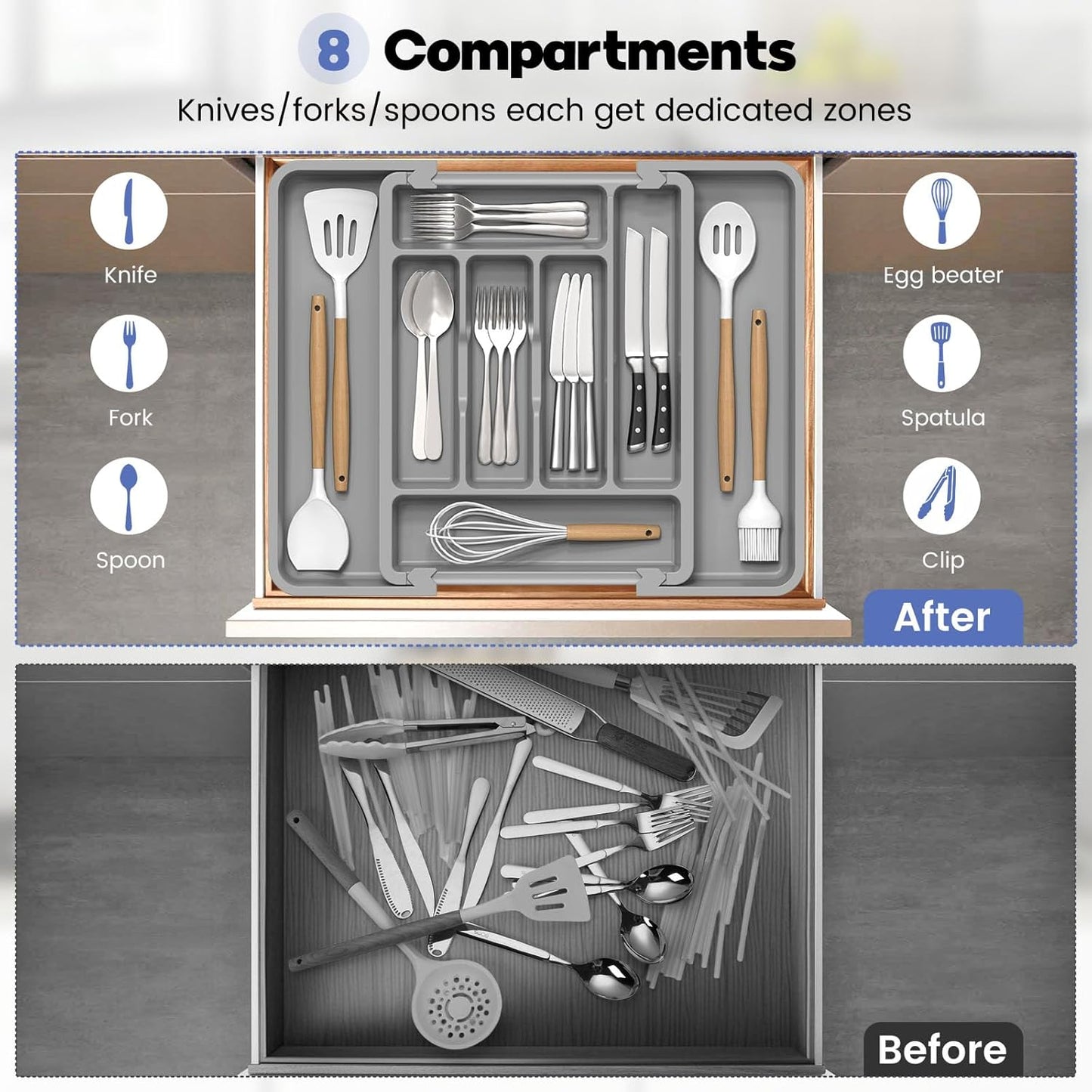 Caperci Large Silverware Organizer for Kitchen Drawer & Utensils - Expandable Drawer Organizer for Cutlery, Flatware & Gadget, BPA-Free Thick Plastic, Wider Compartments & Non-skid Feet (Tofu)