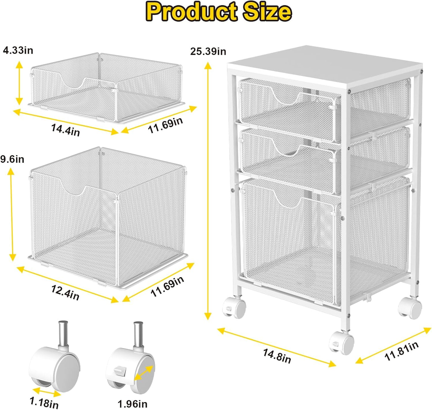 BOHDK Rolling File Cart with 3 Storage Drawers, Wood & Mesh Hanging File Folder Organizer with Wheels Under Desk, File Cabinets for Home Office, 11.81" D x 14.8" W x 25.39" H, White