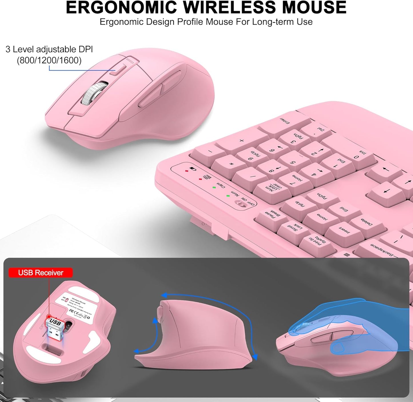 Wireless Keyboard and Mouse Combo, 2.4G Full Size Wave Keys Ergonomic Keyboard with Wrist Rest and 3-Level DPI Adjustable Wireless Ergonomic Mouse for Windows, Mac OS Desktop/Laptop/PC(Black)