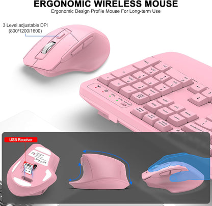 Wireless Keyboard and Mouse Combo, 2.4G Full Size Wave Keys Ergonomic Keyboard with Wrist Rest and 3-Level DPI Adjustable Wireless Ergonomic Mouse for Windows, Mac OS Desktop/Laptop/PC(Black)