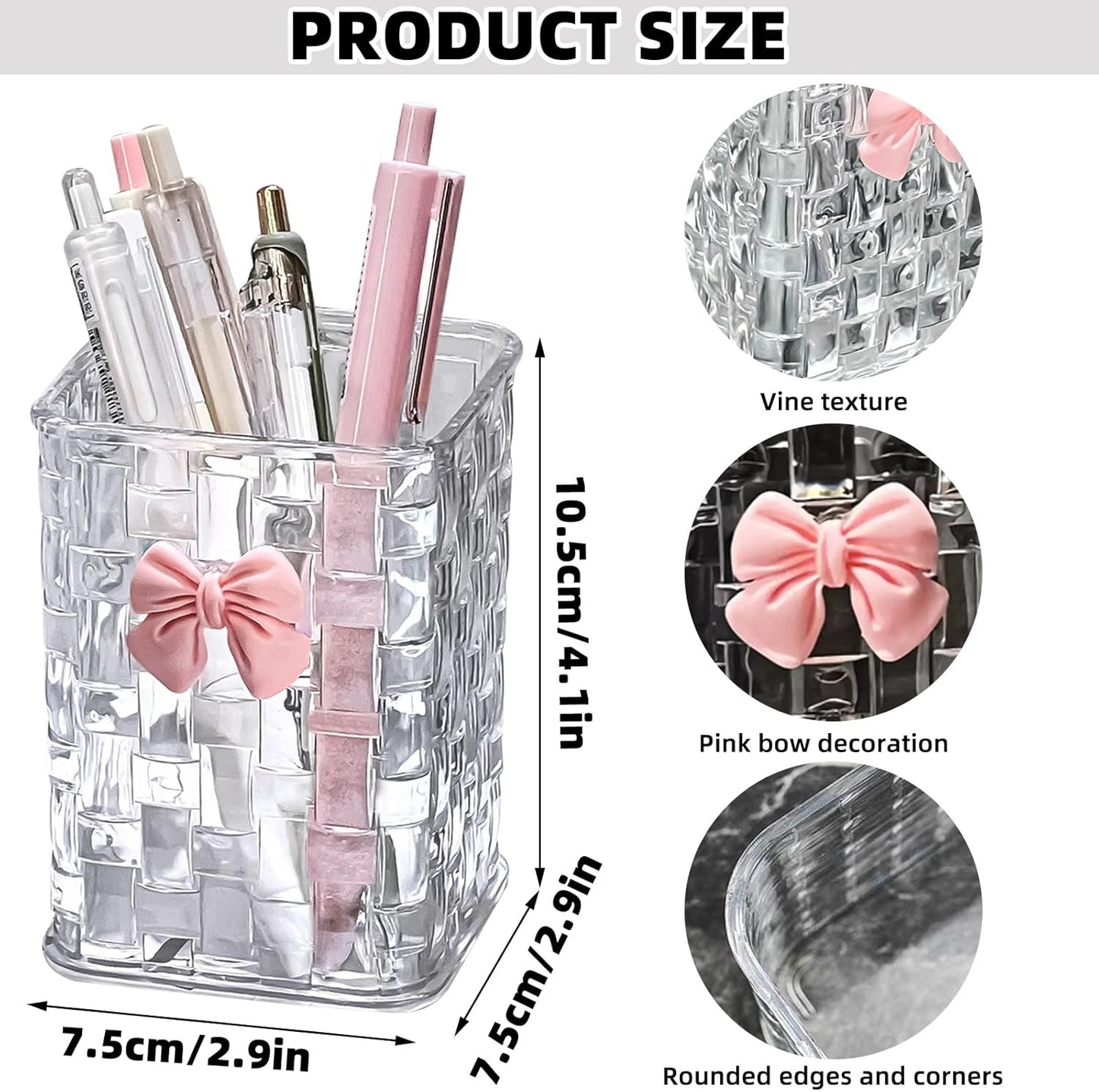 Acrylic Pen Holder for Desk, Clear Pencil Organizer Makeup Brush Cup Holders with Bow Back To School Accessories for Teachers Appreaction Present (Transparent)