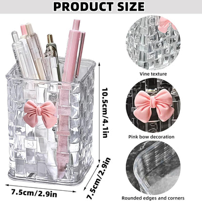 Acrylic Pen Holder for Desk, Clear Pencil Organizer Makeup Brush Cup Holders with Bow Back To School Accessories for Teachers Appreaction Present (Transparent)