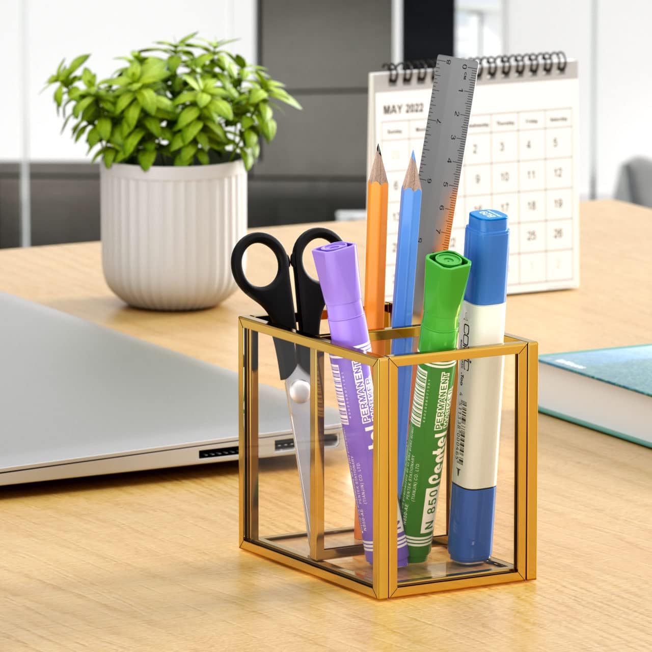 NIUBEE Acrylic Pen Holder 4 Compartments, Clear Pencil Organizer Cup for Countertop Desk Accessory Storage