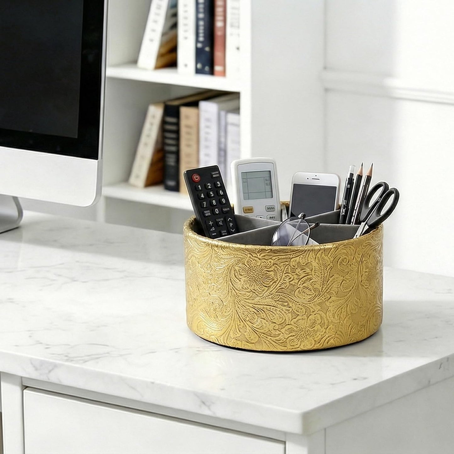 lizimandu Round Leather Art Supply Organizer,Remote Control Holder,360 Degree Spinning,Multi-Functional Pencil Holder,4 Compartments Desktop Stationary Organizer(1-Gold) - Colors A