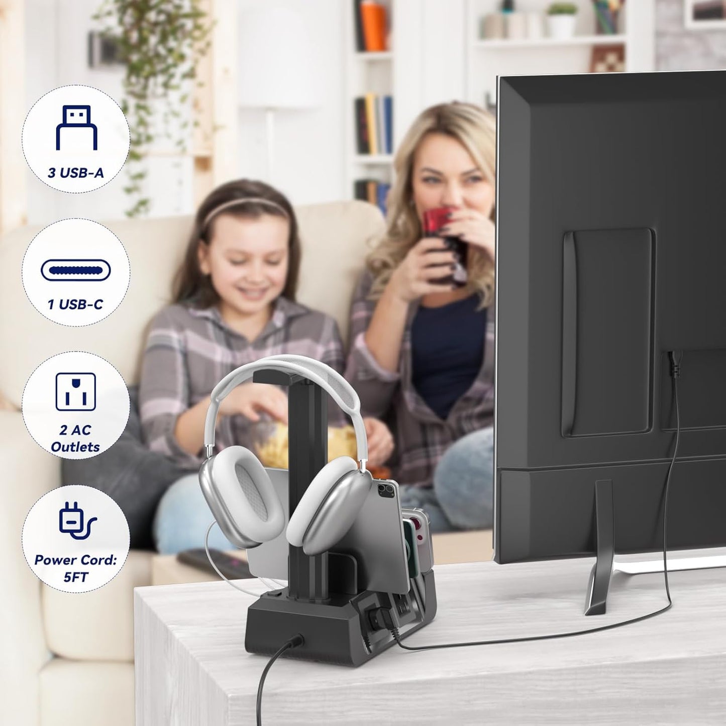 KDD Charging Station with 6 Charging Cables - Fast Charging 6 in 1 Cellphone Charging Dock with Headphone Stand and Watch Holder - 2 AC&USB A&USB C, Storage Station for Smartphone,Tablets, AppleWatch