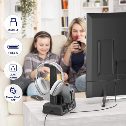 KDD Charging Station with 6 Charging Cables - Fast Charging 6 in 1 Cellphone Charging Dock with Headphone Stand and Watch Holder - 2 AC&USB A&USB C, Storage Station for Smartphone,Tablets, AppleWatch