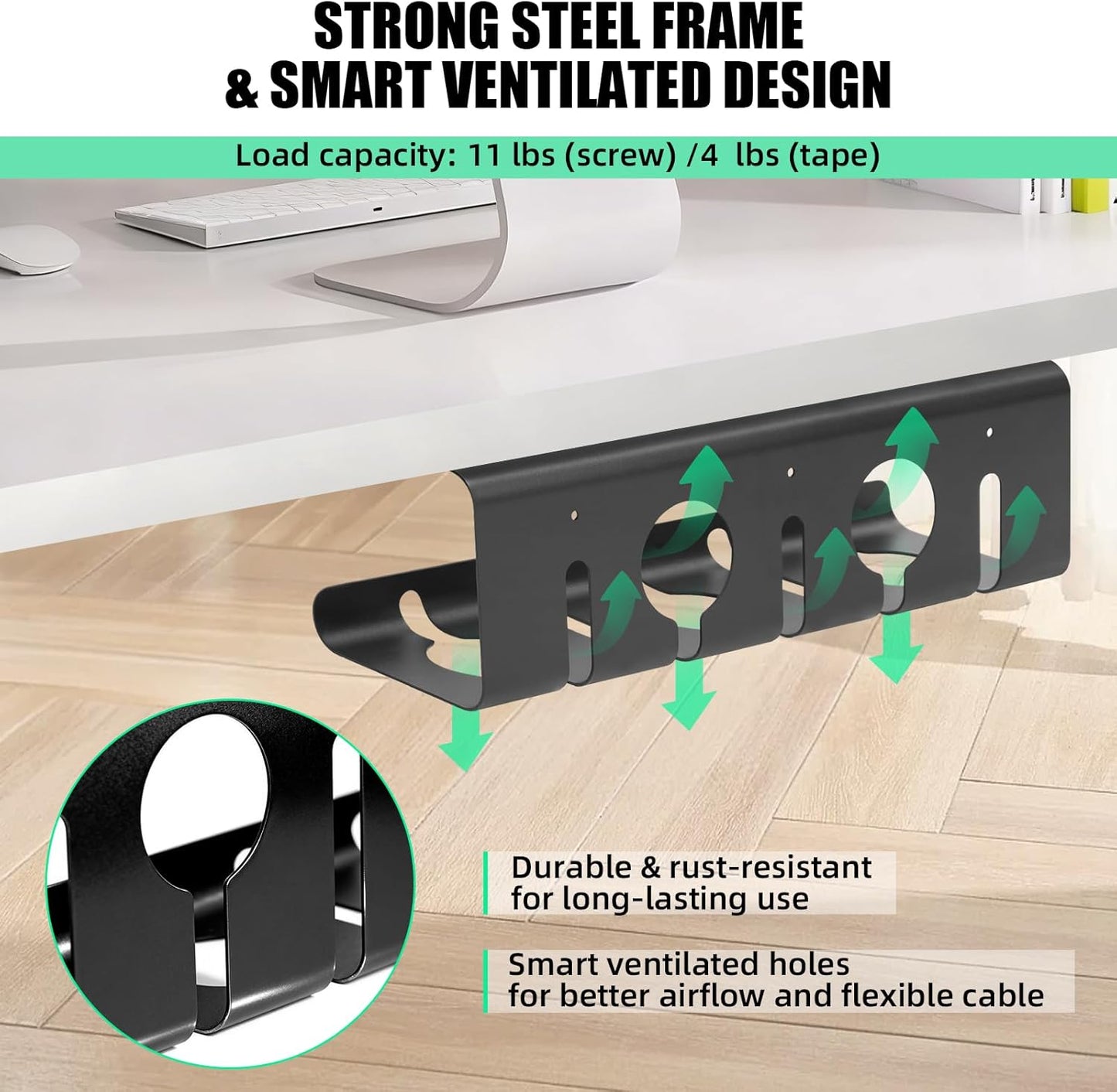Under Desk Cable Management, 2 Pack 17" Cable Tray Organizer, No Drill or Screw Mount, Standing Desk Cable Management, Cord Organizer, White