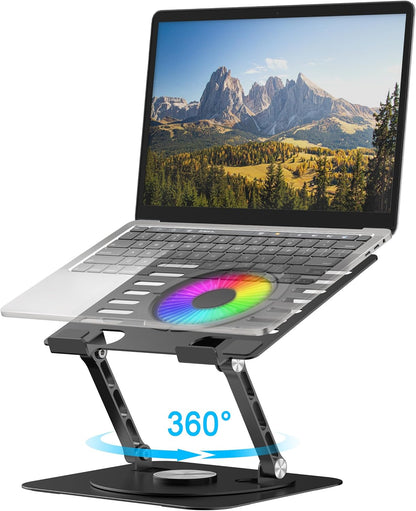 Laptop Stand,with 360°Rotating Base,External Cooling Fan,Adjustable RGB Lighting,Ergonomic Foldable Notebook Computer Holder.Compatible with All 10-17" Laptops Tablets,Silver