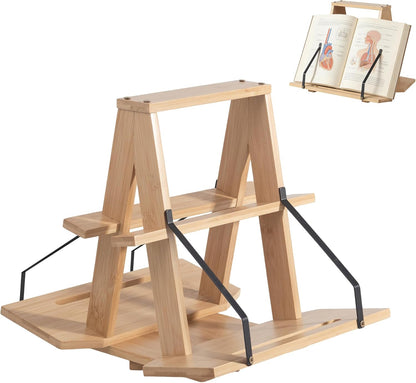 THOUSANDSUNNY Bamboo Medical Coding Book Stands, Two-Sided Rotating Books Holder for Reading in Desktop for Large Book and Bible Thick Books