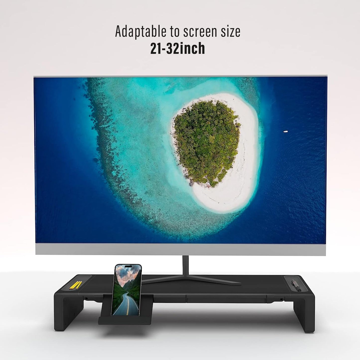 OImaster Monitor Stand Riser, Foldable Computer Monitor Riser, Adjustable Length Computer Stand and Storage Drawer & Pen Slot, Phone Stand Compatible Computer, Desktop, Laptop, Save Space (White-Basic)