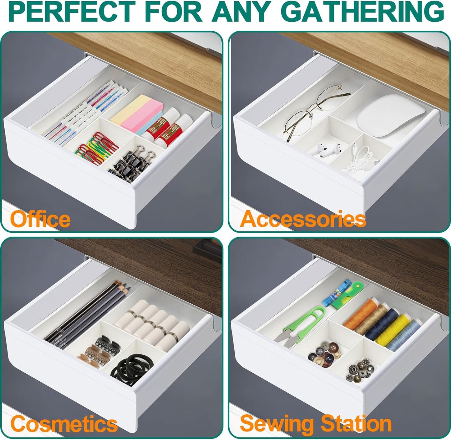 SVNNELP Under Desk Table Drawer Storage Organizer, Slide Out Drawer with 4 Compartments Divider,Pencil Storage Self-Adhesive Tray Under Table (M/Clear Black+White)