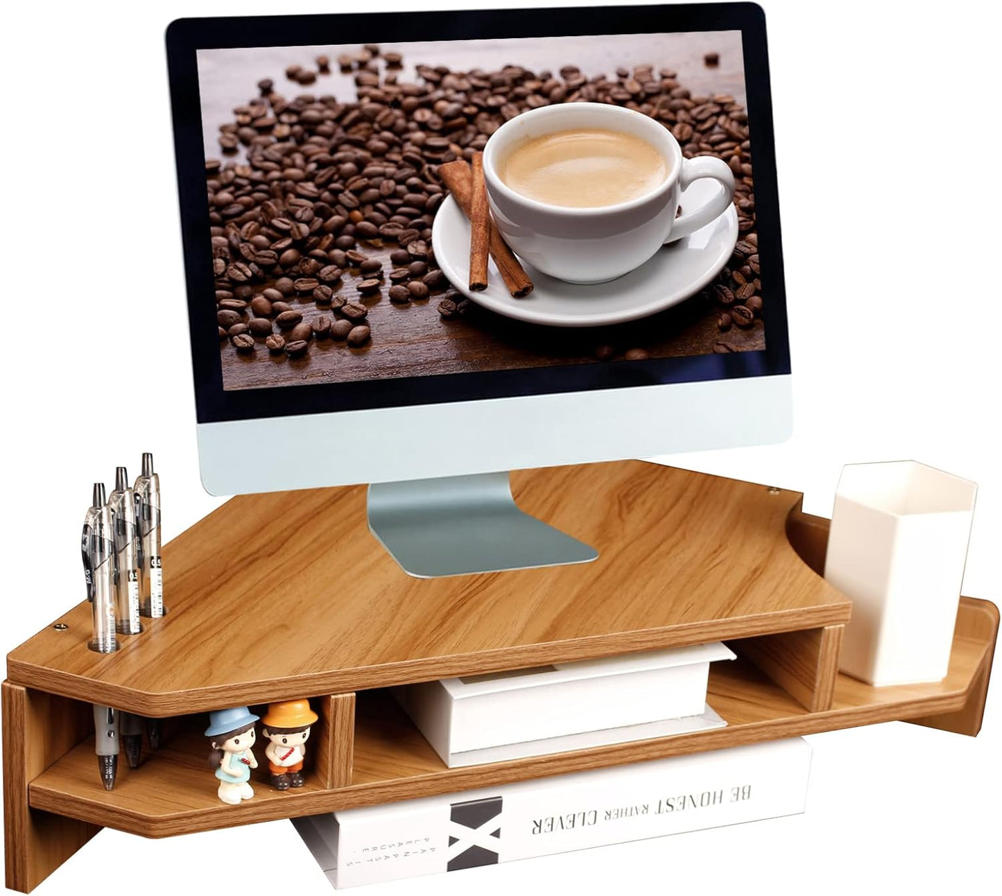 Triangle Monitor Stand Riser, Wooden Triangle Desktop Computer Stand with Office Organization, Walnut Color