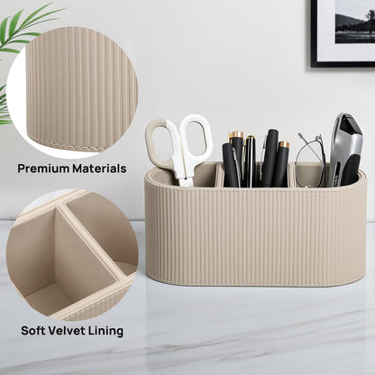Aesthetic Remote Control Holder, PU Leather Pen Holder for Desk with 3 Compartments for Home Office Supplies and Accessories, Stylish Bedside Remote Holder Nightstand Desktop Organizer (Beige)