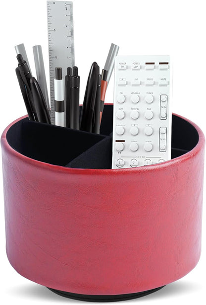 Hennaja Round Leather Art Supply Organizer,Remote Control Holder,360 Degree Rotating,Multi-Functional Pencil Holder,4 Compartments Desktop Stationary Organizer(1-Blue Bird) - Colors A