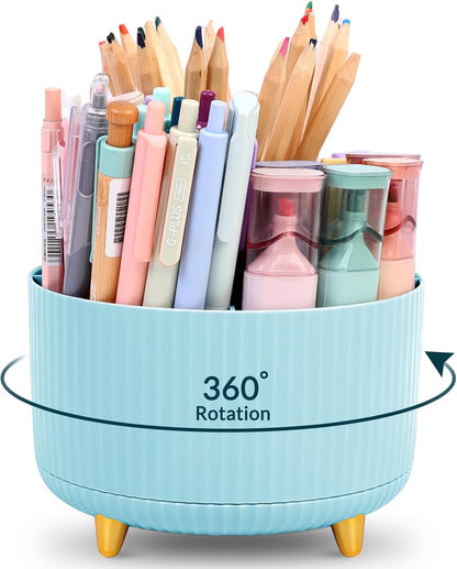 KONVINIT Pencil Pen Holder for Desk, 5 Slots 360 - Degree Rotating Desktop Organizer, Cute Desk Organizers and Accessories for School, Home, Office and Art Supply, Beige