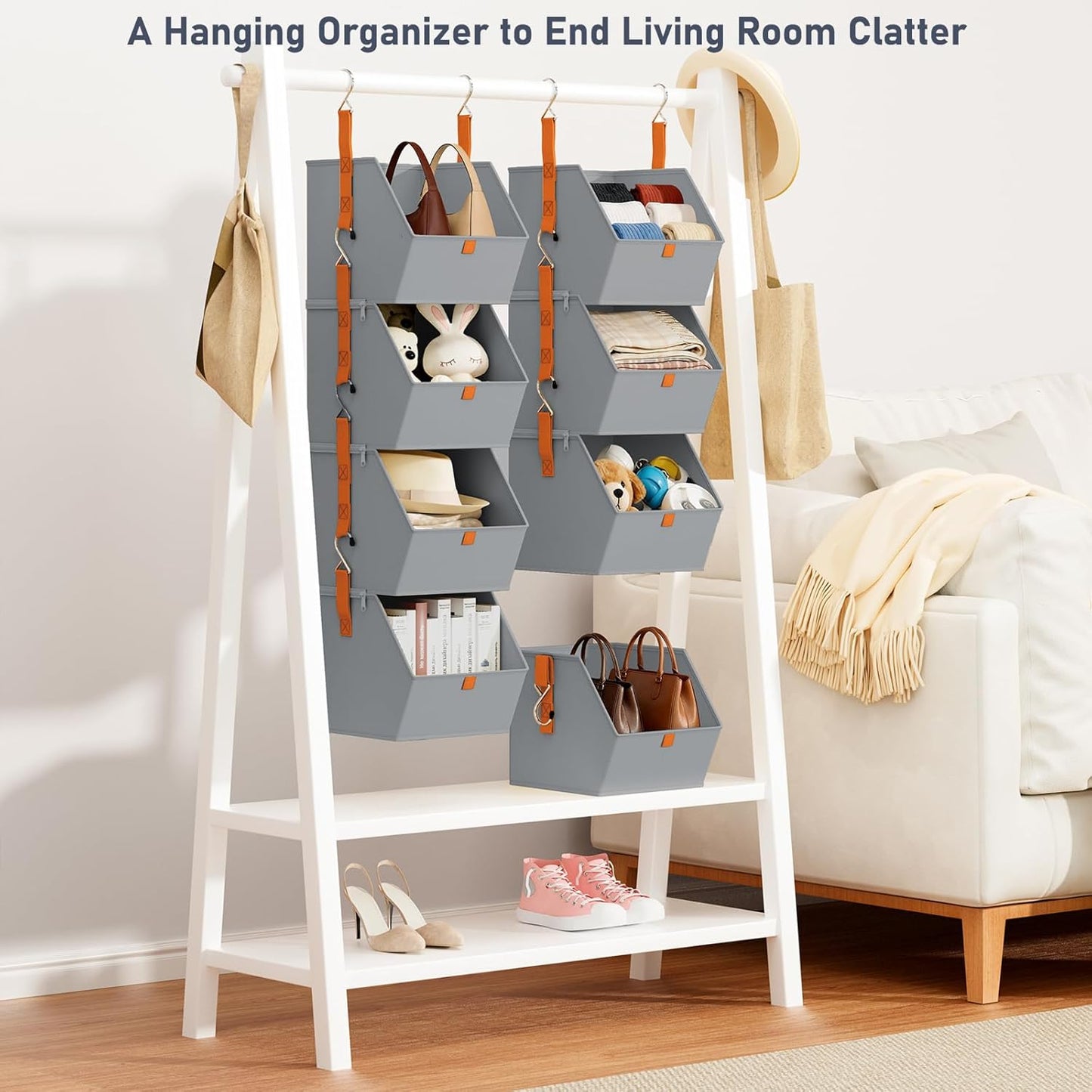 DIMJ Hanging Closet Organizer - 4 Tier Collapsible Hanging Shelves with Hooks Zipper, Fabric Clothes Organizer, Space-Saving Storage Bin Basket for RV, Bedroom, Laundry Organization