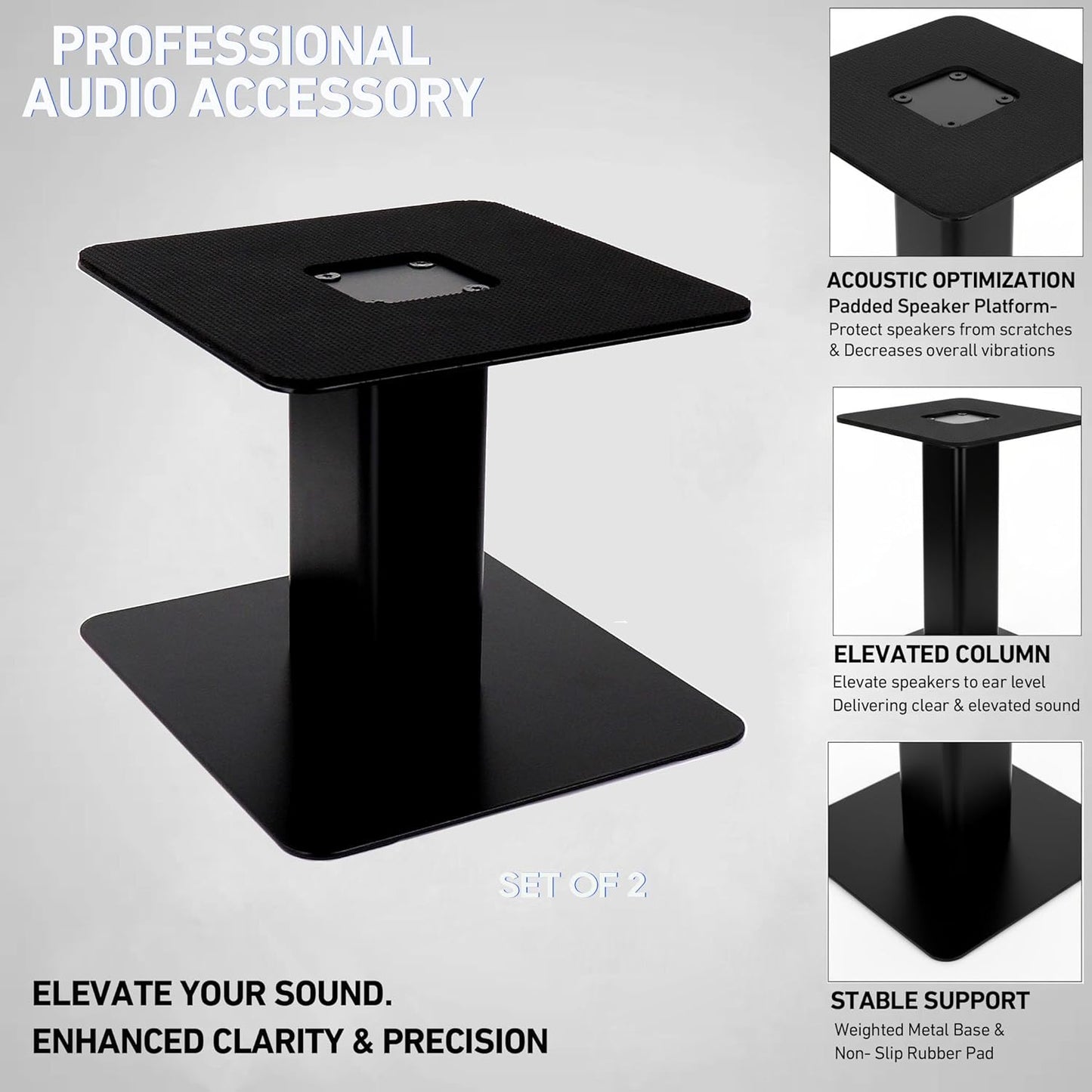 Desktop Speaker Stands Pair, Heavy Duty 7”x 7” Metal Tray, Sturdy Flat Base for 4" to 7" Monitor & Bookshelf Speakers, Compact Monitor Speaker Stand Riser for Home/Studio Speakers, 6" Tall/Black