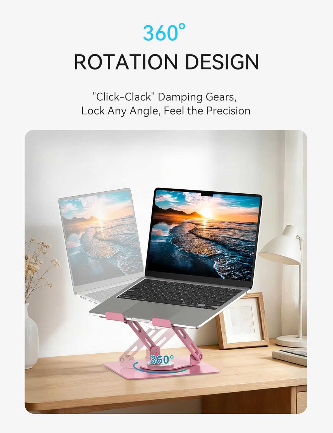 SOUNDANCE 360 Rotating Laptop Stand, Ergonomic Computer Riser for Desk, Adjustable Height Multi-Angle Metal Holder, Foldable Portable Notebook Elevating Base for Office & Home, Silver Grey