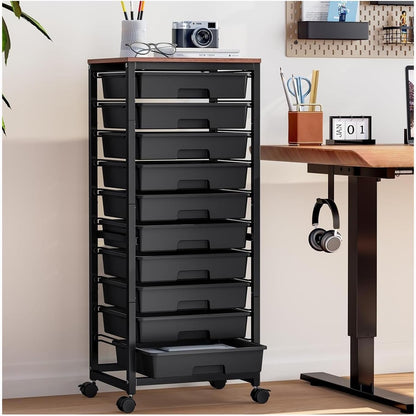 SYKIARIOL Rolling Storage Utility Cart with 6 Drawers and Wooden Tabletop for Under Desk Storage,White