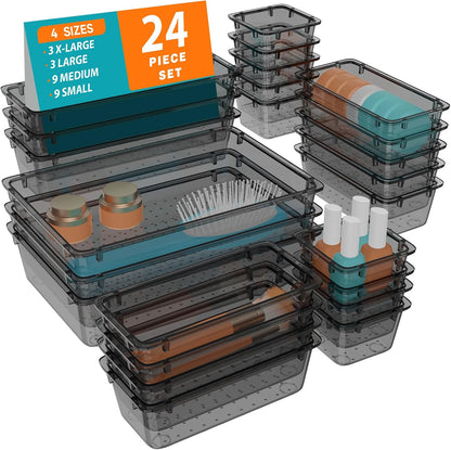 WOWBOX 32 PCS Clear Plastic Drawer Organizer Set, 4 Sizes Desk Drawer Organization and Storage Containers for Makeup, Cosmetics, Jewelry and Gadgets in Kitchen, Bathroom, Bedroom, Office, Clear Black