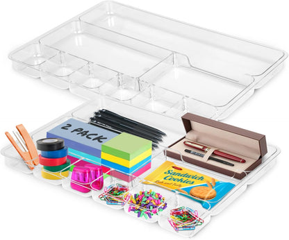 Manaloom Desk Drawer Organizer Tray with 9 Storage Compartments - For Home and Office - Drawer Organizers Office, Perfect Organizing Pens, Pencils, Paper Clips, Sticky Notes - Clear - 2 Pack