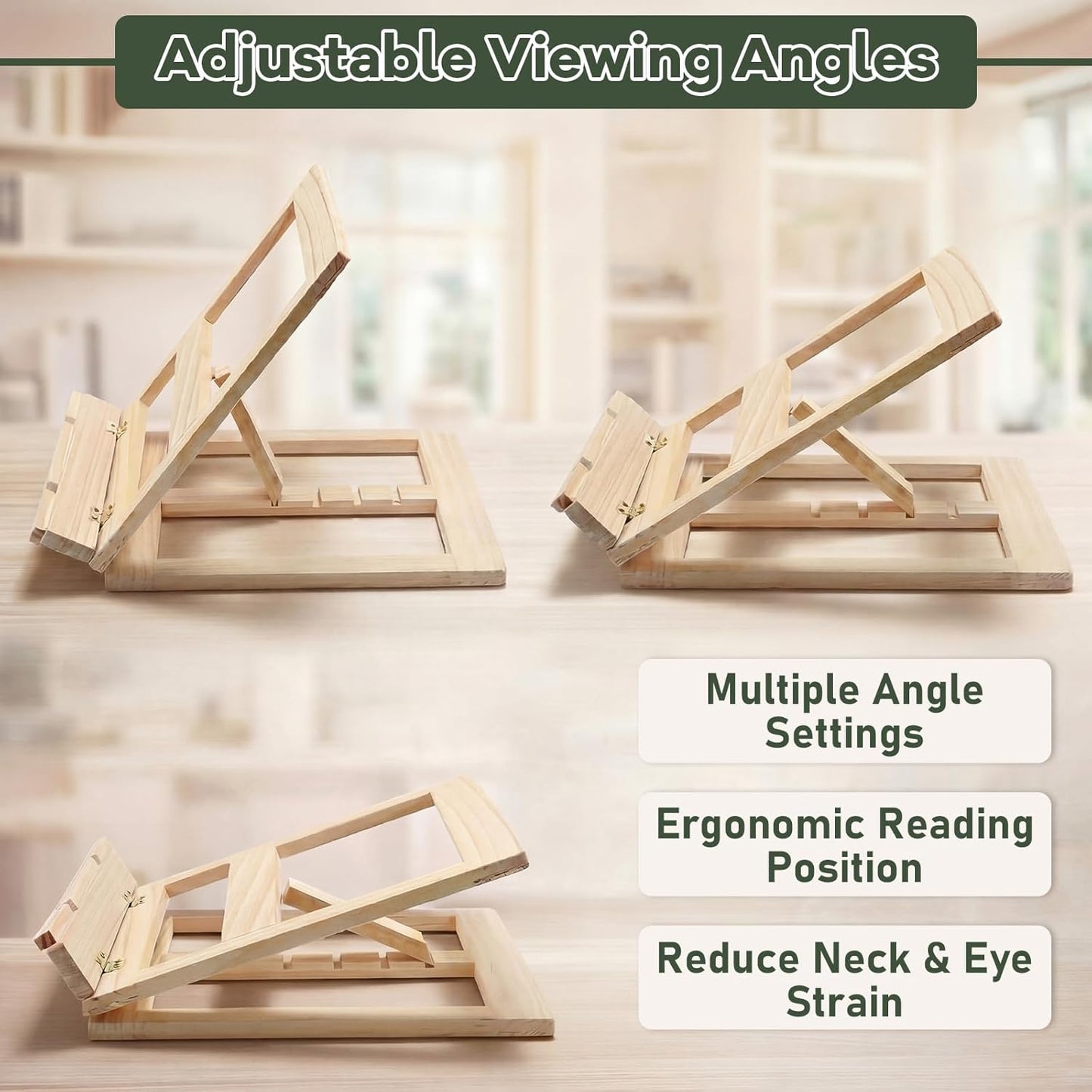 Gerrii Wooden Book Stand with Page Holder Clips Adjustable Foldable Reading Stand for Cookbooks Recipes Textbooks Bible Documents Tablet Solid Pine Wood Hands-Free Set Book Holder for Counter Desk