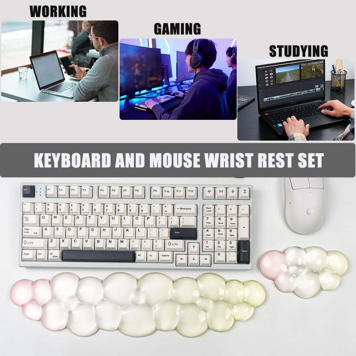Gel Keyboard and Mouse Wrist Rest Set – Clear Cloud Wrist Rest for Computer Keyboard 60%/68%/75%, Comfort & Support for Typing and Gaming(Purple Green)