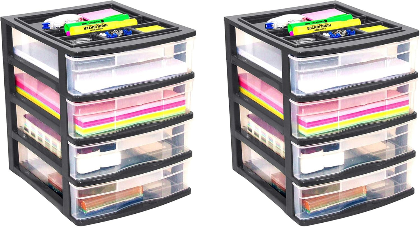 Gracious Living 4 Drawer Desktop & Countertop Organizer w/Organization Lid for Craft Storage, Office Supplies & School Supplies, Black/Clear (2 Pack)