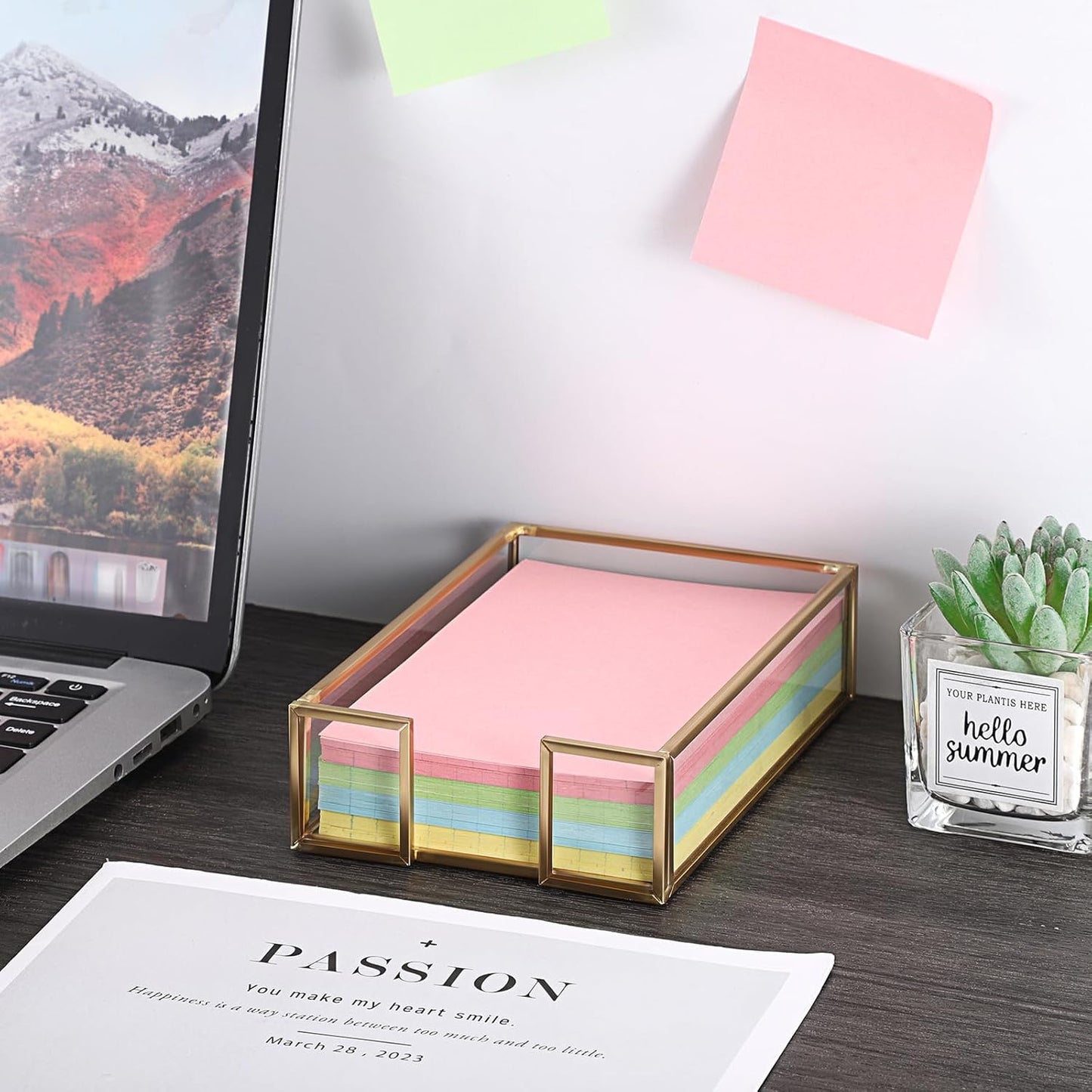 BTSKY Golden Glass 3x3 Inch Sticky Note Holder with Pen Slot, Elegant Post It Note Dispenser with Non-Slip Pads Clear Notepad Holder for Desk Organization Planning, Home Office Decor