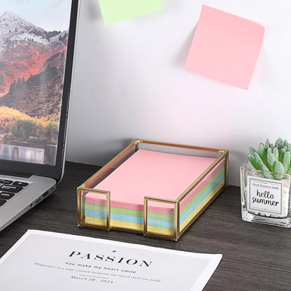 BTSKY Golden Glass 3x3 Inch Sticky Note Holder with Pen Slot, Elegant Post It Note Dispenser with Non-Slip Pads Clear Notepad Holder for Desk Organization Planning, Home Office Decor