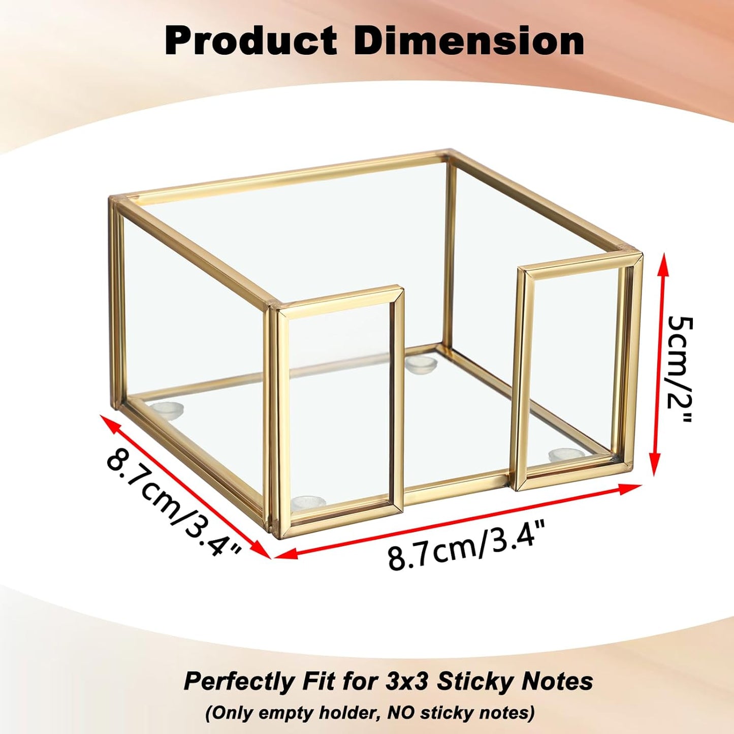 BTSKY Golden Glass 3x3 Inch Sticky Note Holder with Pen Slot, Elegant Post It Note Dispenser with Non-Slip Pads Clear Notepad Holder for Desk Organization Planning, Home Office Decor
