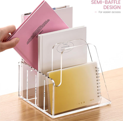 YUXUN Acrylic Magazine Holder,Clear Desk Organizer File Sorter for Notebook,Paper,Envelope,Magazine, Book Storage-Office/Home/Classroom Organization(4 Compartments,B5)