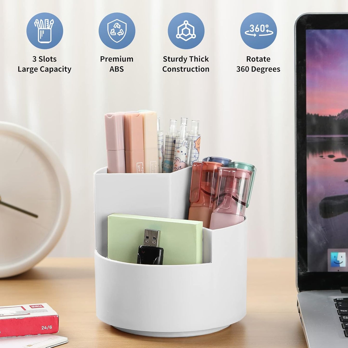 Desk Pencil Pen Holder, 3 Slots 360-Degree Spinning Organizers, Desktop Storage Stationery Supplies, Cute Cup Pot for Office, School, Art Supply, Kids - White